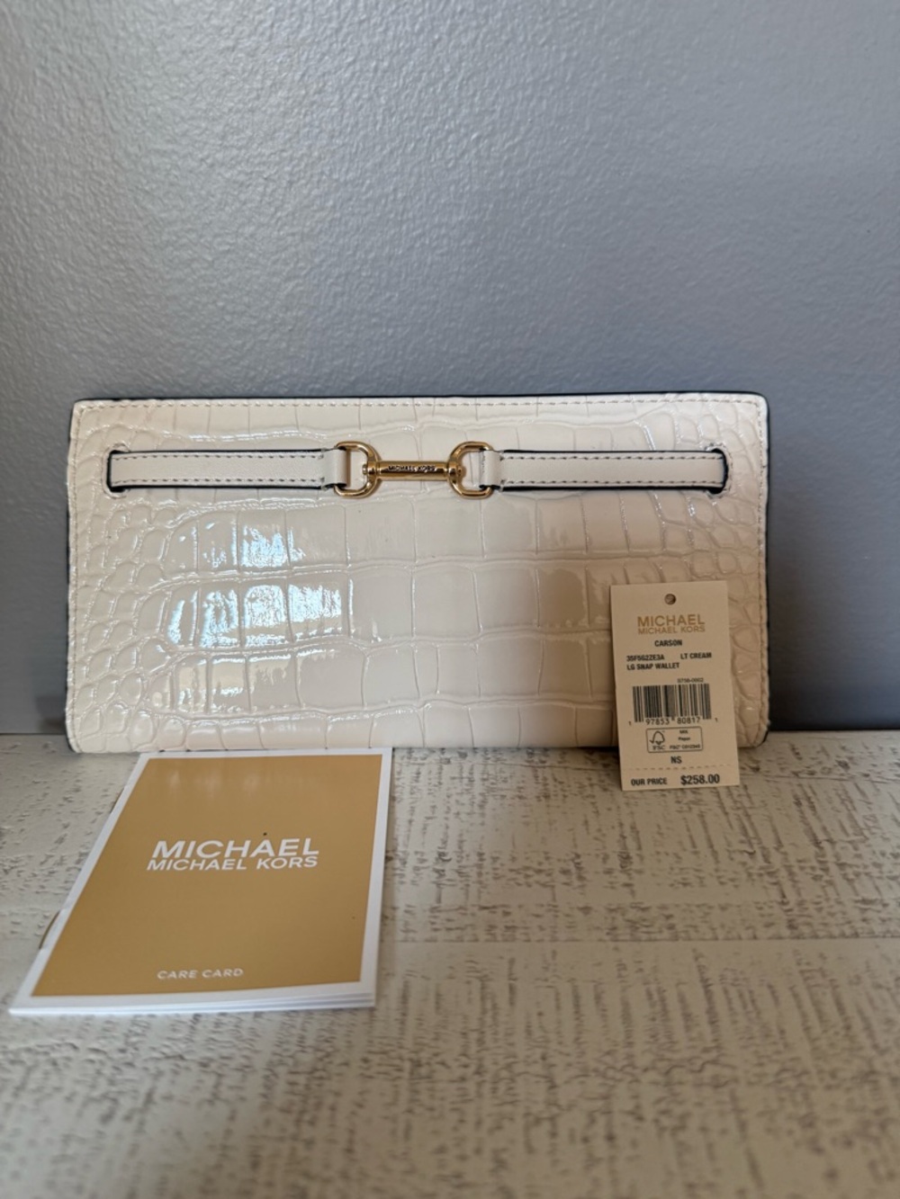 MICHAEL Michael Kors White Croc-Embossed Patent Wallet with Gold Horsebit